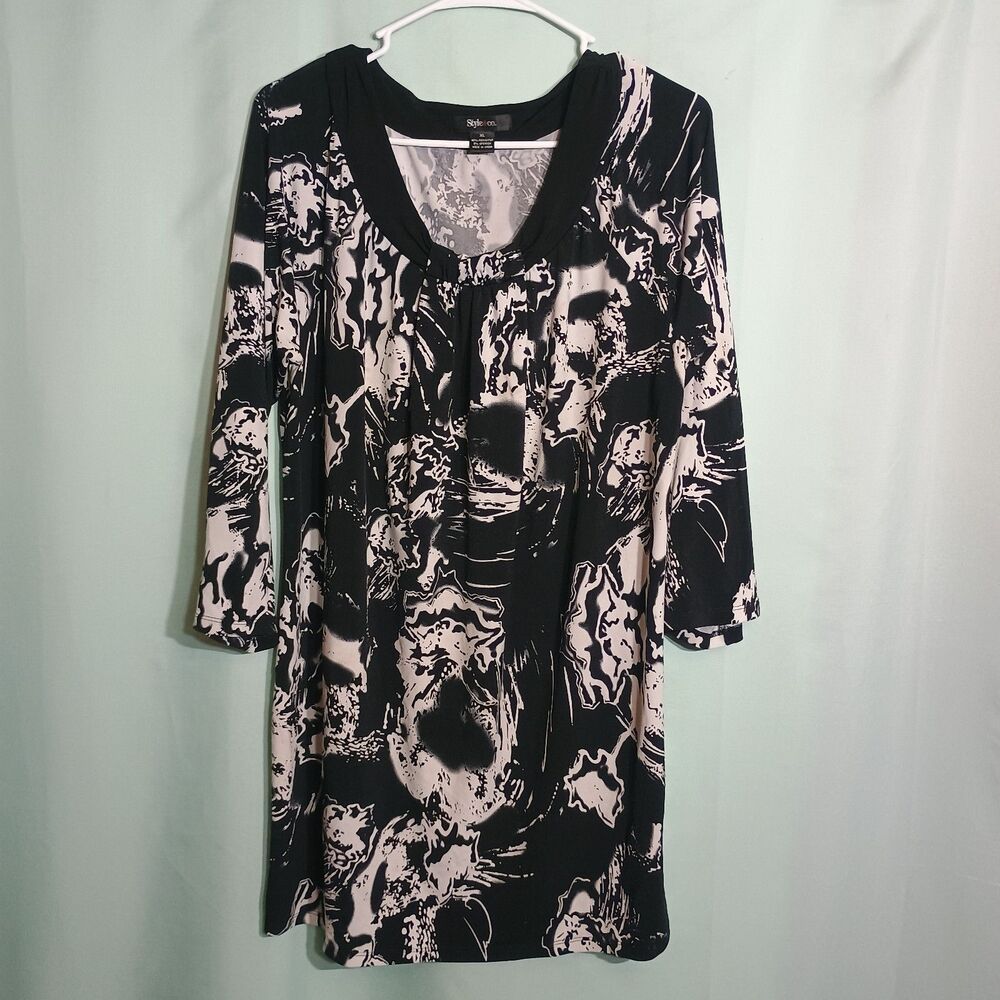 Women’s Black & Blush Abstract Floral Tunic Top – Embellished 3/4 Sleeve Blouse
